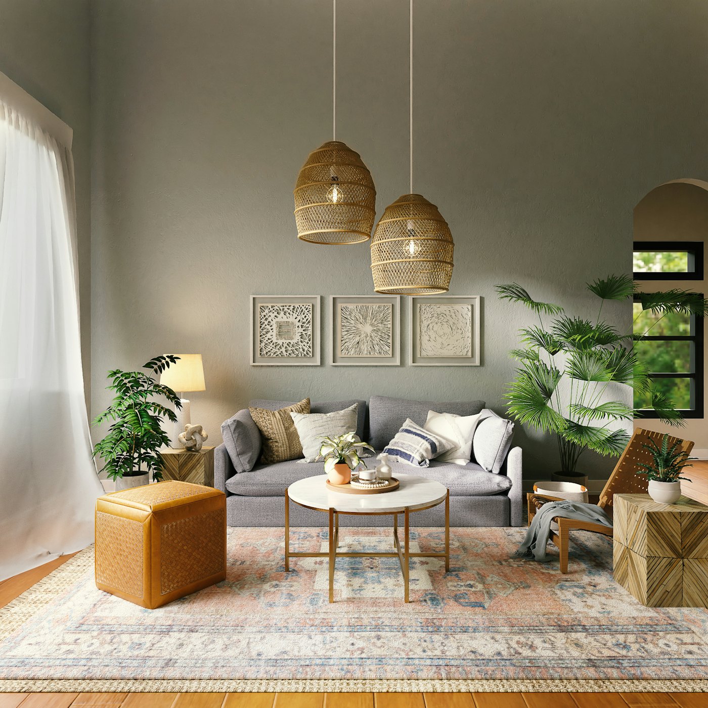 A living room with a framed gallery wall