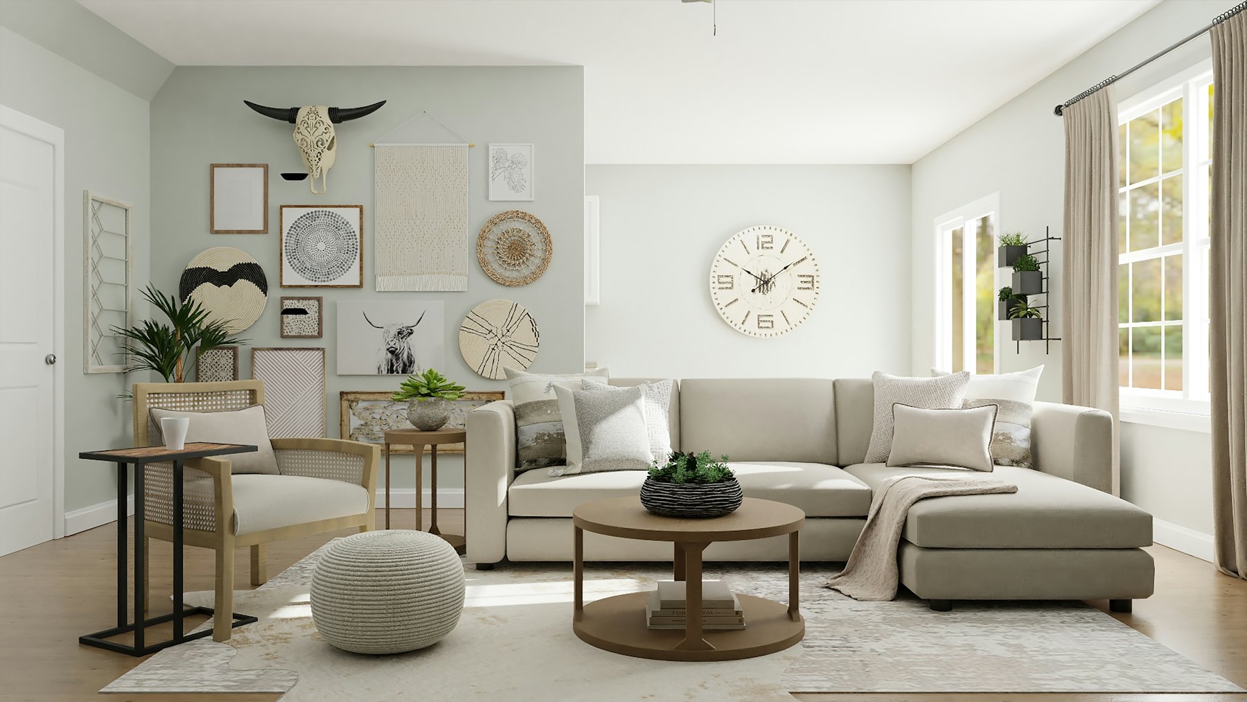 A neutral interior styled with wall decor and objects
