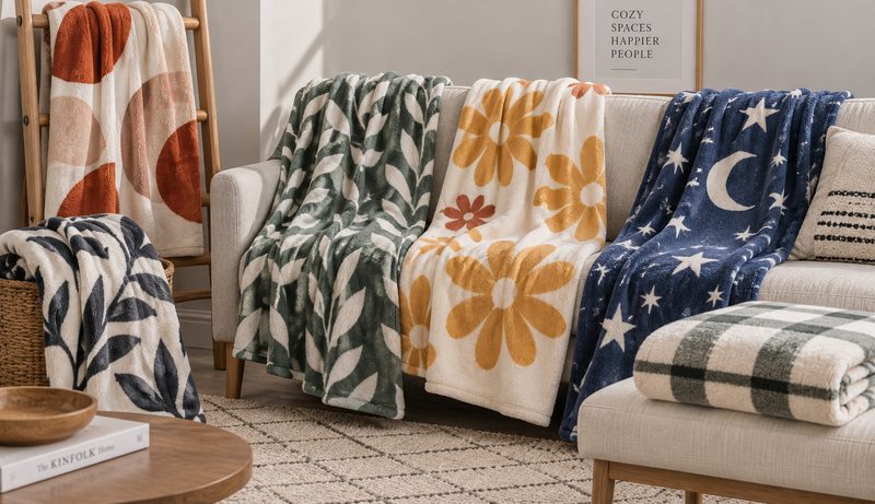 Patterned fleece blankets draped over a sofa