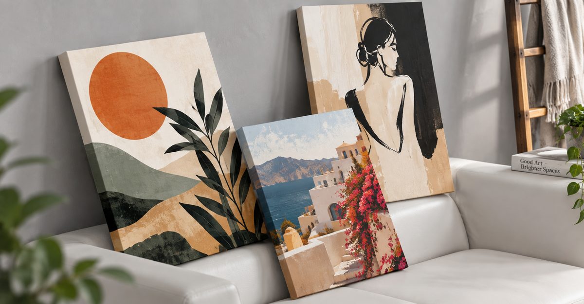 Printed canvases leaning against a sofa in a styled interior