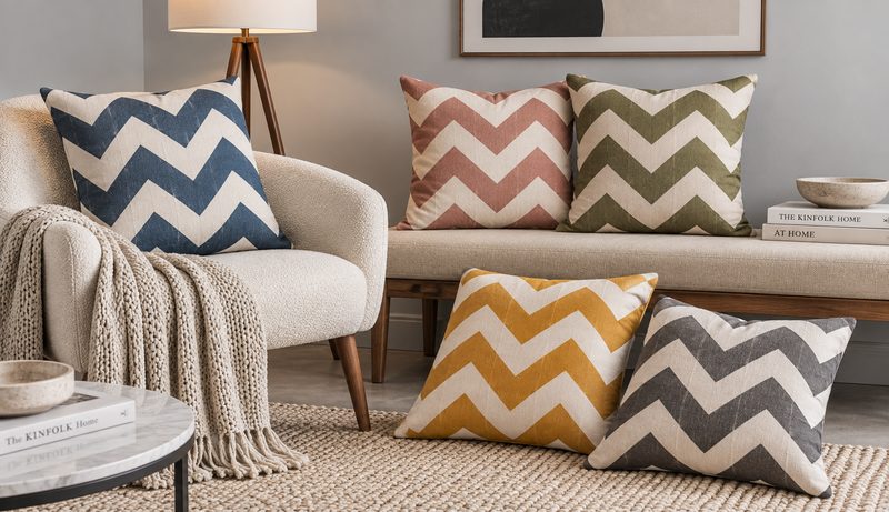 Chevron-patterned cushions in a canvas fabric