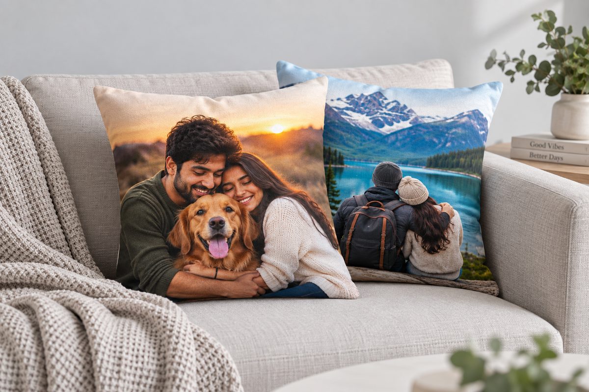 Photo-printed cushions on a sofa